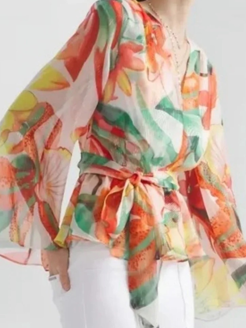 White House Black Market V-Neck Sheer Floral Top - Orange, Green, Red, Cream - Picture 3 of 12
